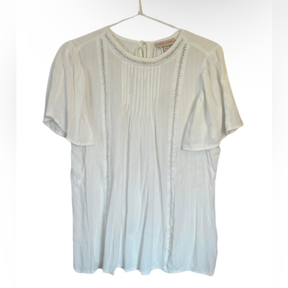 Lightweight White Capsleeve Flowy Short‎ Sleeve Summery Top Subtle Print Sz S - Picture 1 of 7